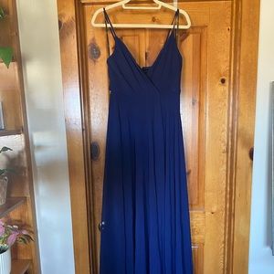 Lulus Women Blue Spagetti Strap V-Neck Surplice Chiffon Maxi Gown with Leg Slit